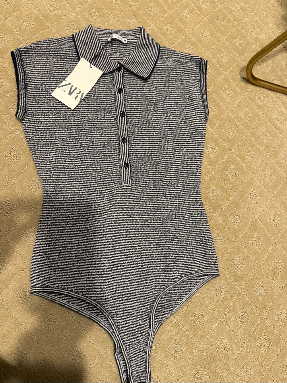 Zara Navy and White Striped Polo Bodysuit